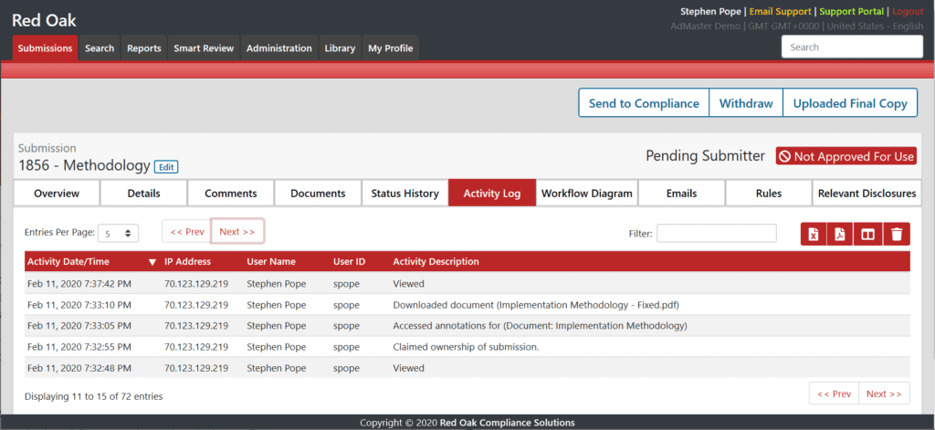 Red Oak Activity Log Screenshot